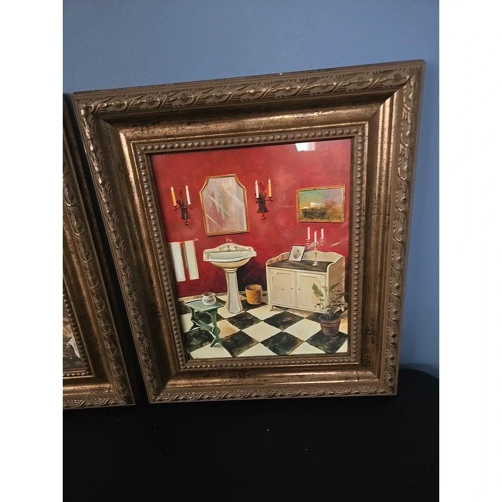 Vtg Bathroom Framed Pictures Tub and Sink Set of 2 Ornate Wall Art Gallery